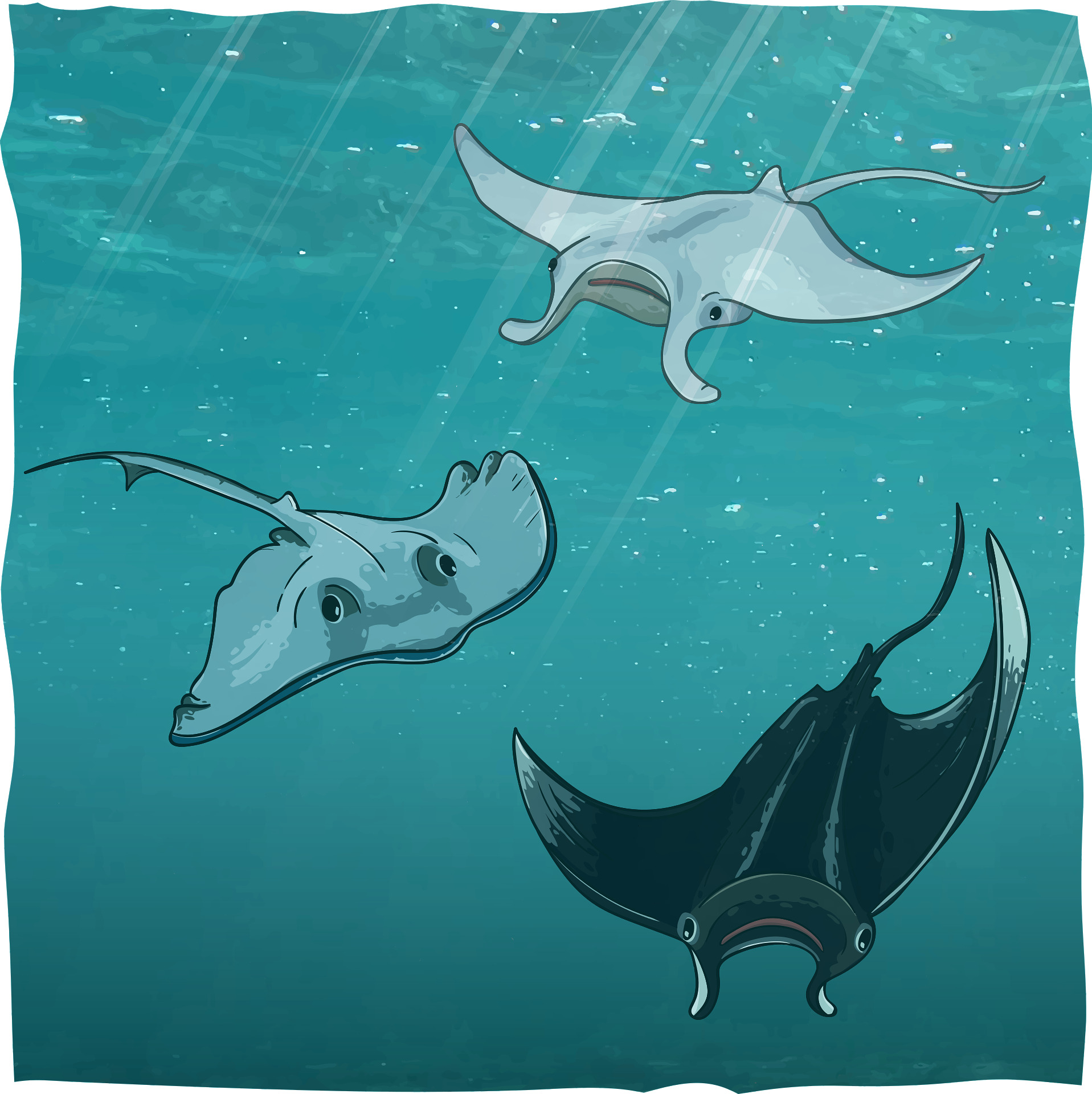 Some cartoon stingrays swimming in the ocean